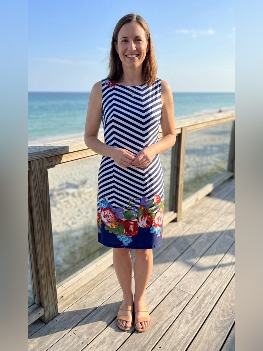 Teaberry Striped Floral Chevron Shift Dress Nautical Vacation Women's Size 8